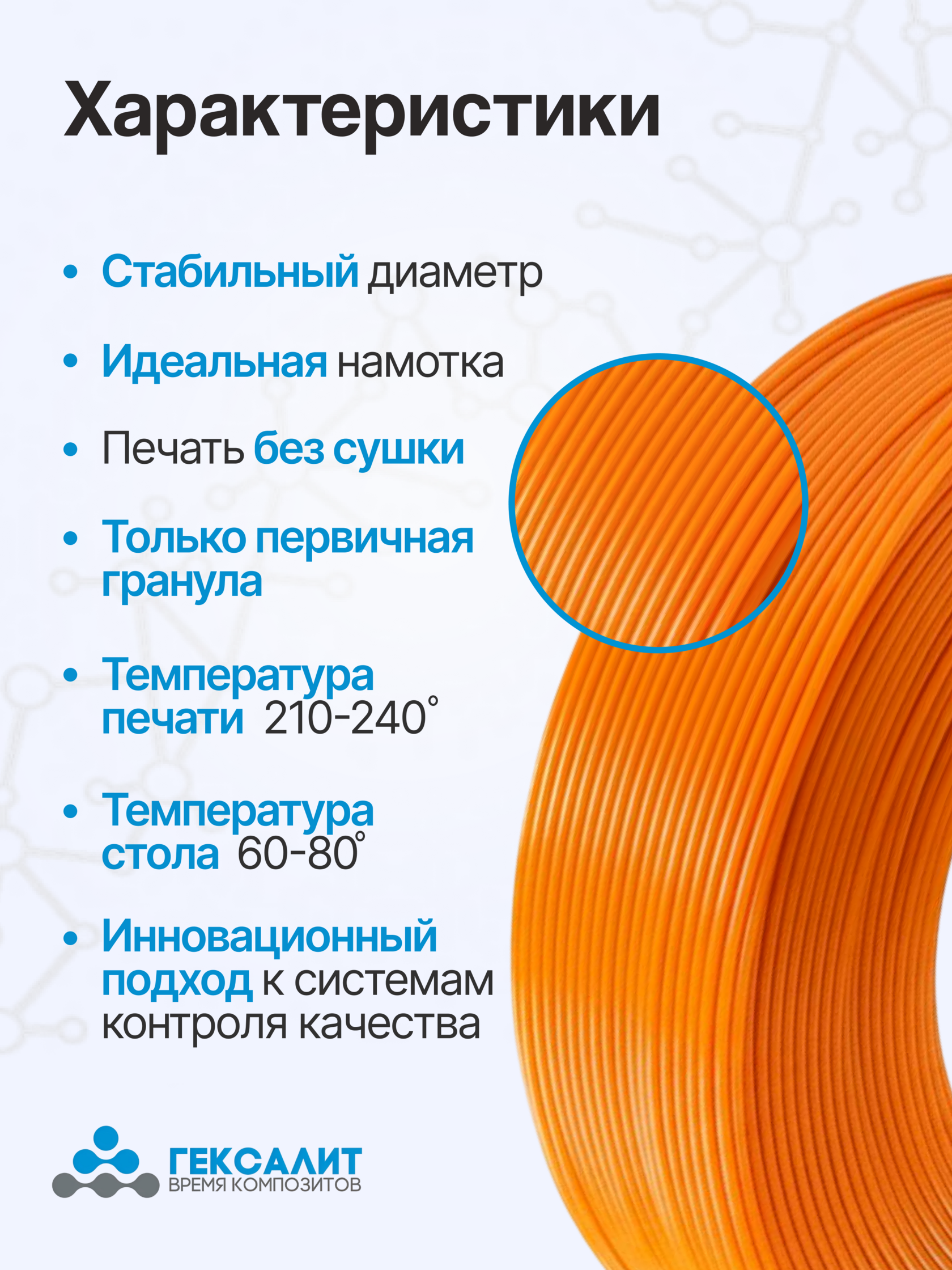 Оранжевый Филамент 1,75мм +- 0,03 PETG Гексалит