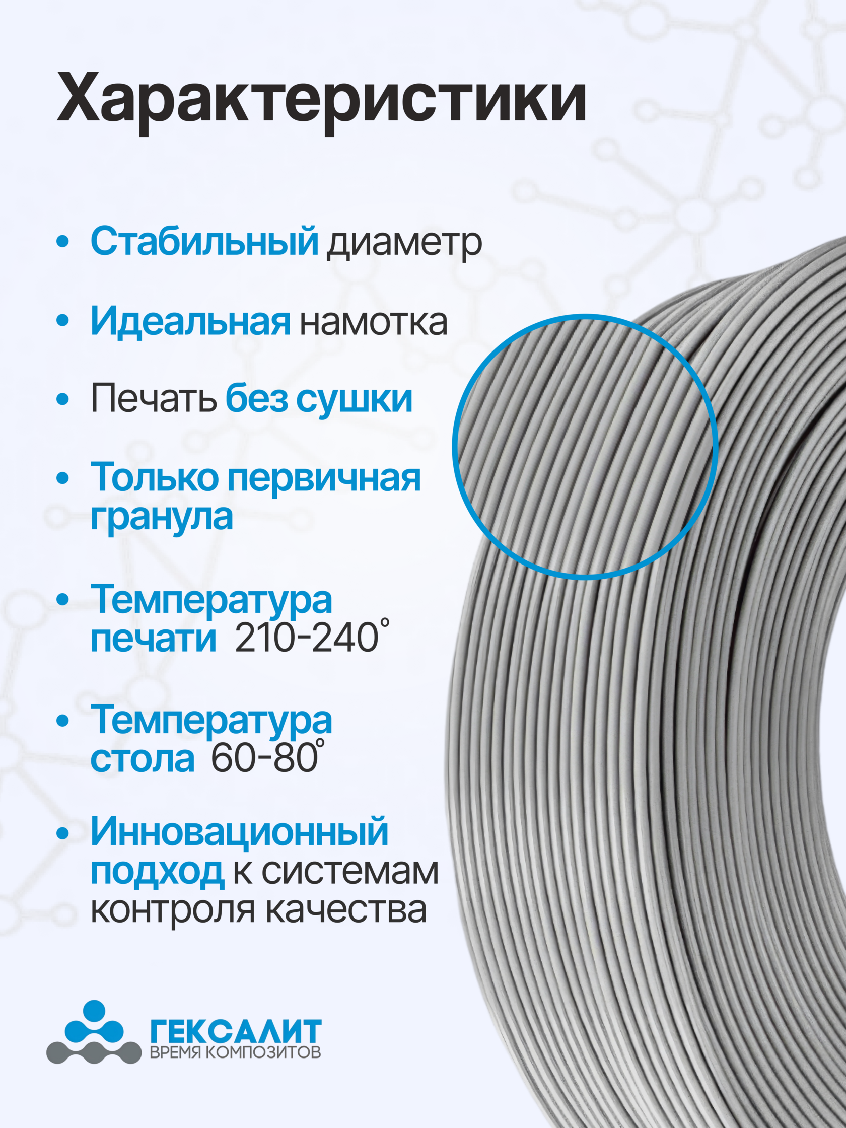 Серый Филамент 1,75мм +- 0,03 PETG Гексалит