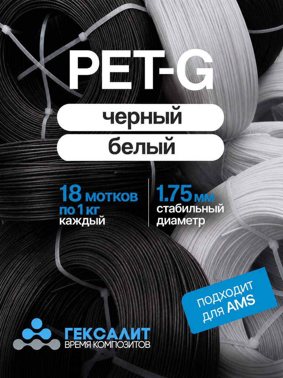 18 кг КОМПЛЕКТ Белый+Черный PETG 1,75мм +- 0,03