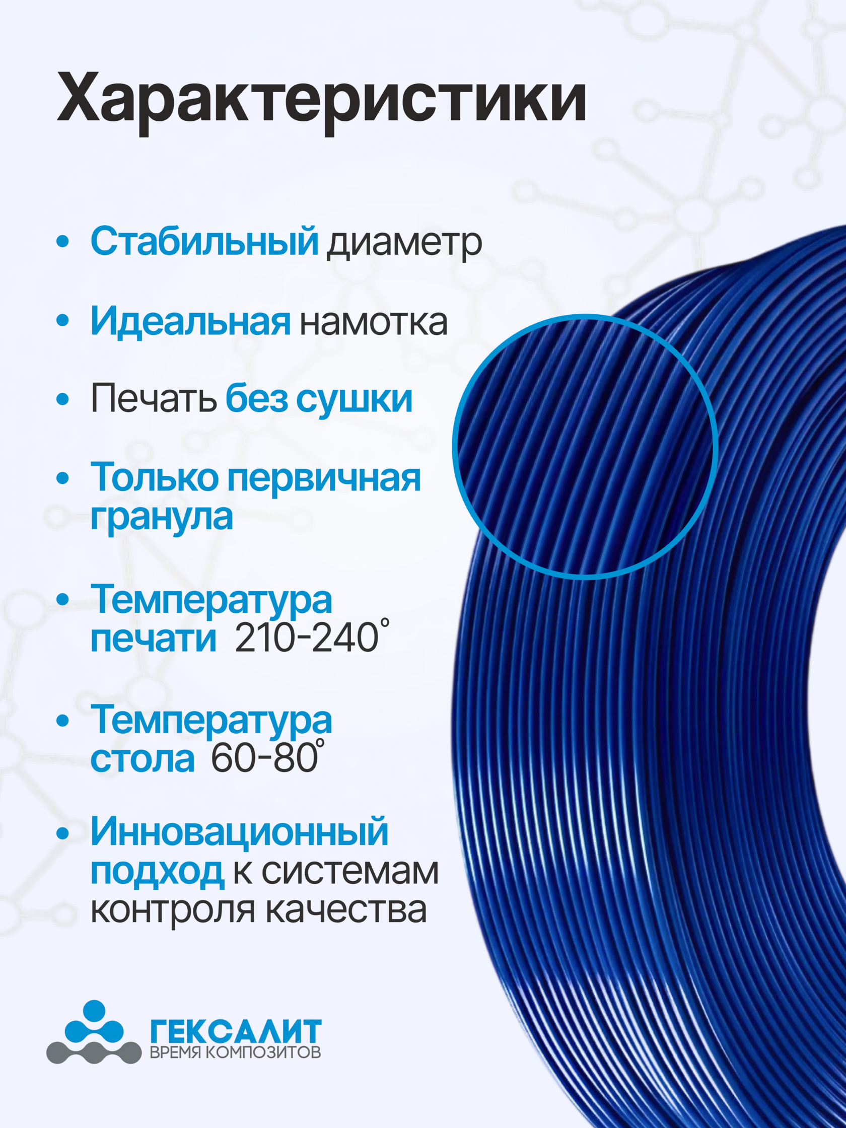 Синий Филамент 1,75мм +- 0,03 PETG Гексалит
